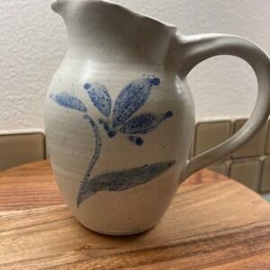 Vintage Studio Pottery Signed Stoneware Pitcher Blue Floral Speckled Cream 5.25"
